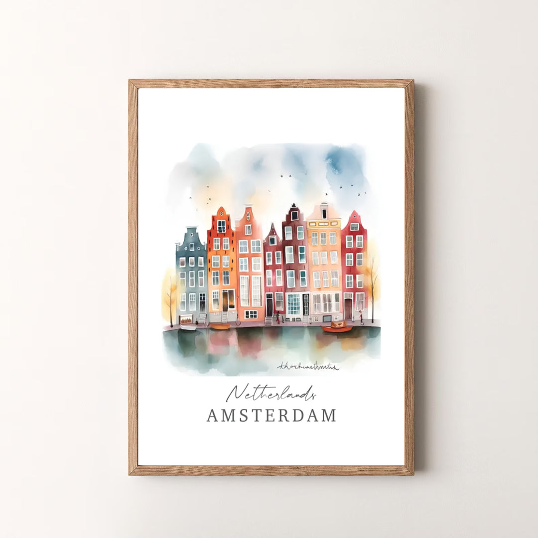 Whimsical travel art piece detailing gabled houses and soft water reflections in Amsterdam Netherlands, available at MapYourDreams as an unframed print, a stretched canvas, or custom framing options to complement storybook wall setups.
