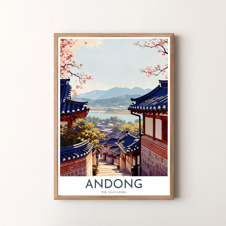 Fine art vector print of Hahoe Folk Village in Andong, South Korea, depicting historic Hanok architecture, pink cherry blossoms, and distant blue mountains. Offered by MapYourDreams, this artwork is available in flexible options including unframed paper, custom wooden frames, and gallery canvas wraps.