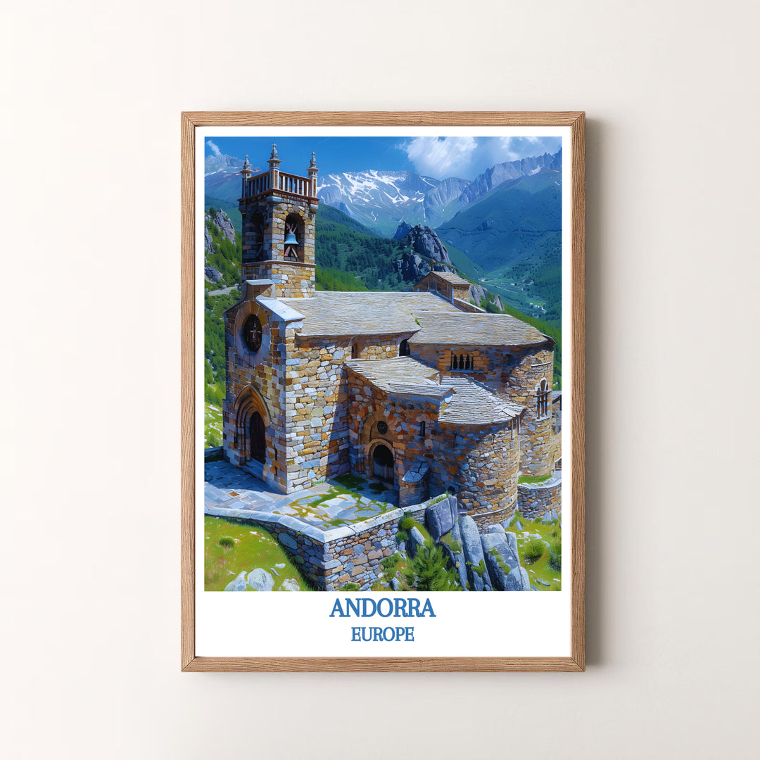 European historic mountain landscape art at Sant Joan de Caselles Church in Andorra shines in this print. Order custom framed, unframed, and canvas options at MapYourDreams for an elegant wall decor accent.