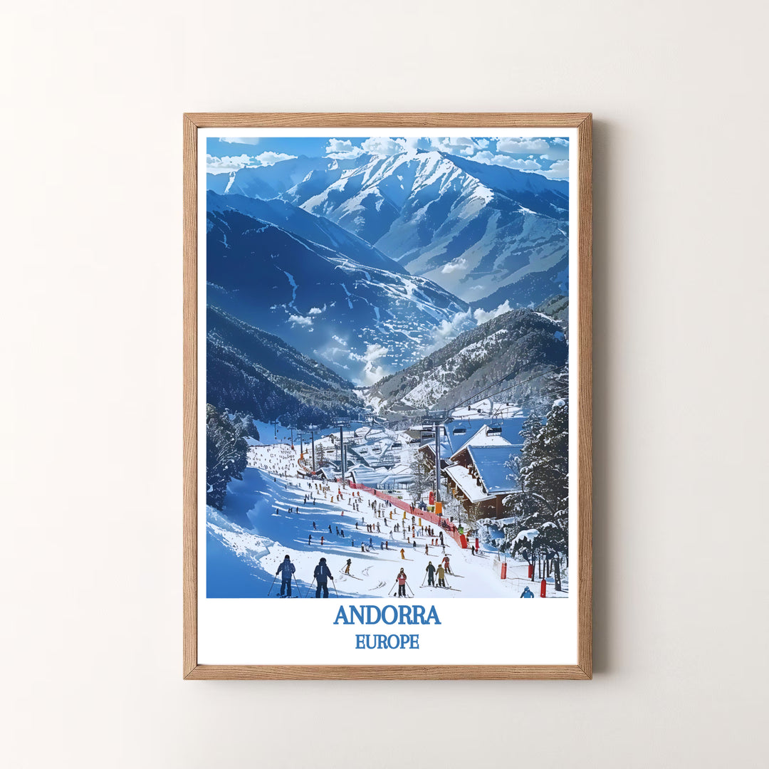 Panoramic mountain perspectives of the iconic Vallnord Ski Resort in Andorra star in this travel poster. MapYourDreams offers versatile framed, unframed, and canvas print options to refresh your decor.