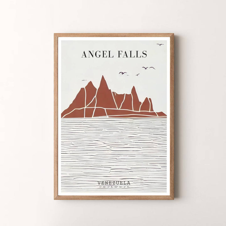 Modern boho travel artwork featuring a chic abstract view of Angel Falls mountains and river reflections in Venezuela. Available in the MapYourDreams studio, this geographic print is offered as unframed archival paper, framed wall art, or gallery canvas wraps.