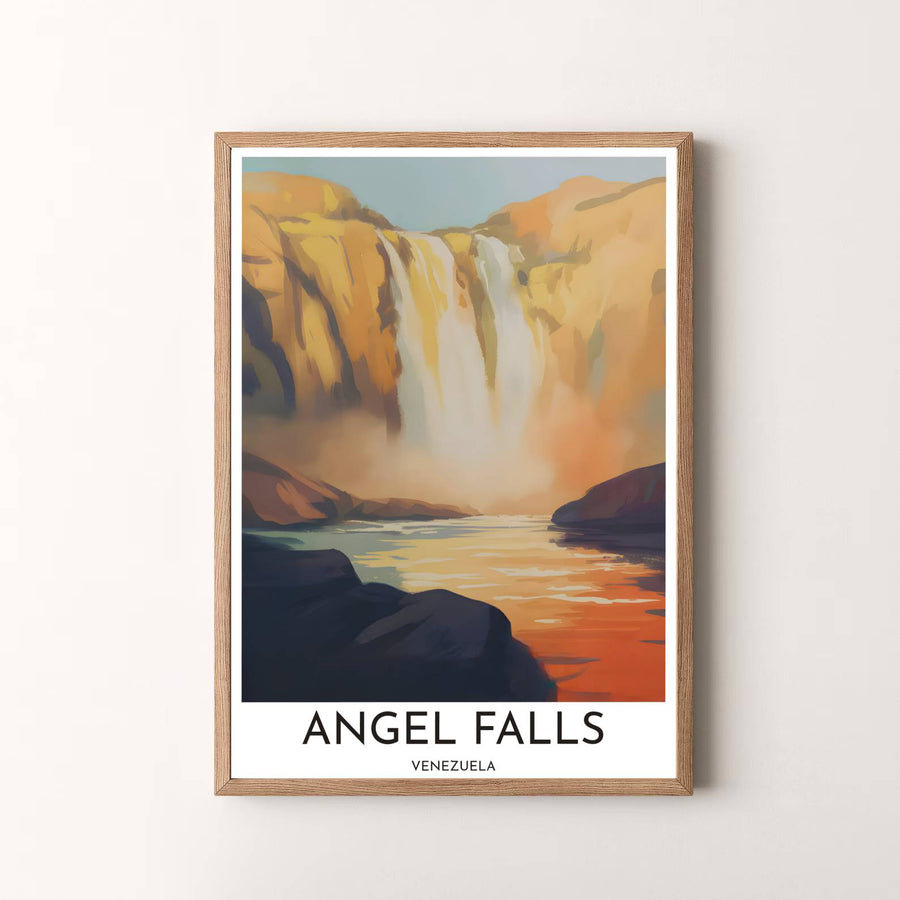 Modern golden hour travel artwork featuring a breathtaking view of Angel Falls cliffs and river reflections in Canaima. Available in the MapYourDreams studio, this geographic print is offered as unframed archival paper, framed wall art, or gallery canvas wraps.