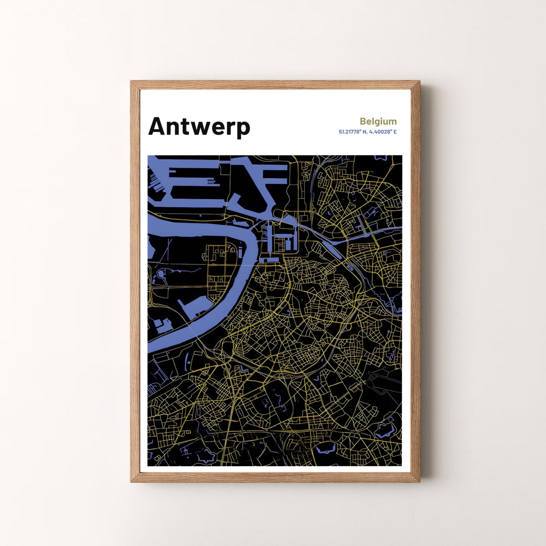 A modern black and gold city map poster depicting the urban cartography and geographic layout of Antwerp, Belgium in high contrast. Display configurations include flexible selections like unframed art paper, custom framed finishes, and gallery wrapped canvas wraps.