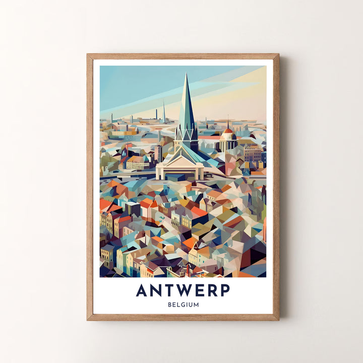 A modern geometric city poster illustrating the skyline of Antwerp, Belgium, with sharp faceted buildings leading up to a majestic central tower. Display configurations include flexible selections like unframed art paper, custom framed finishes, and gallery wrapped canvas wraps.