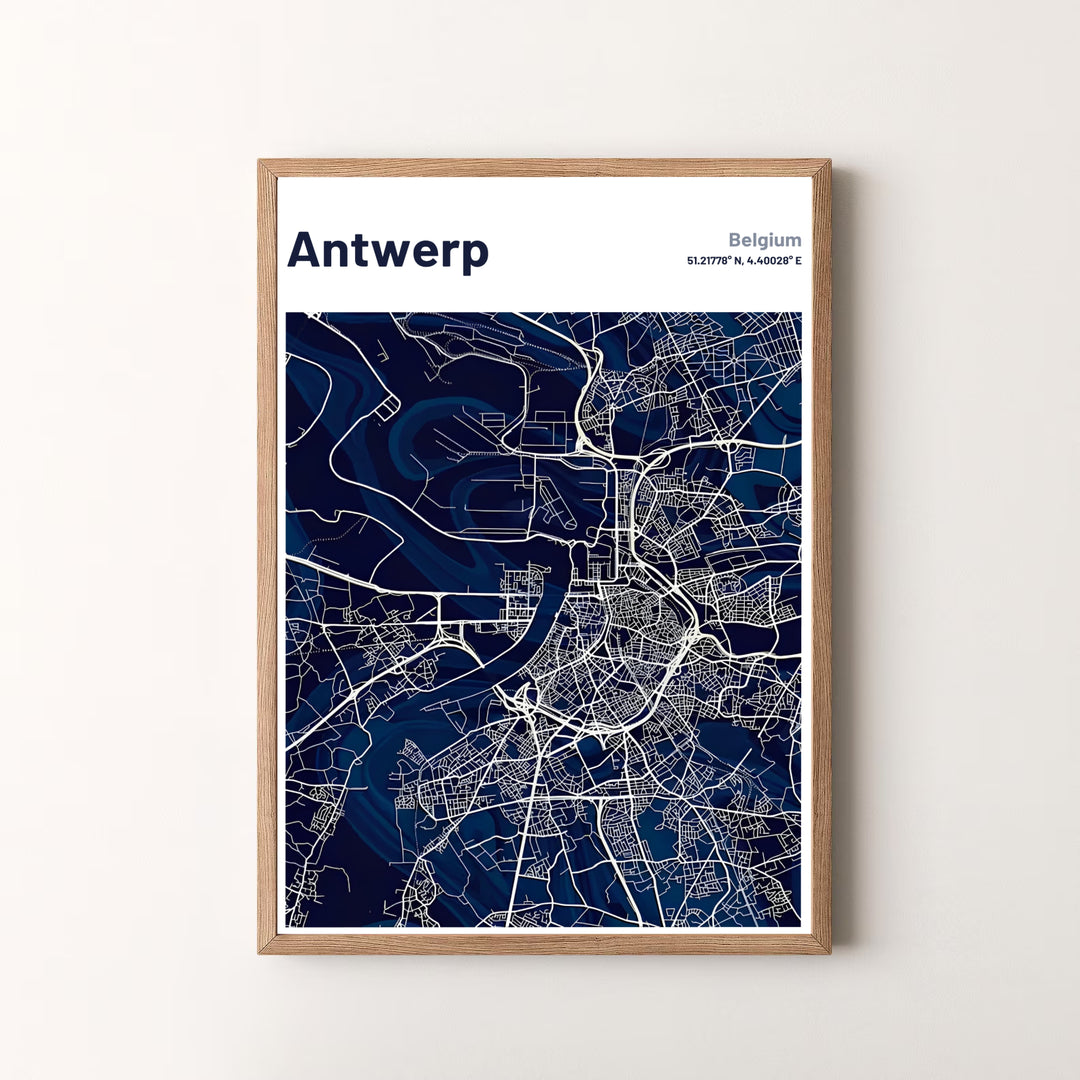 A modern navy blue city map poster depicting the cartography and geographic layout of Antwerp, Belgium, in crisp vector detail. Offered by MapYourDreams, this artwork is available in flexible options including unframed paper, custom wooden frames, and gallery canvas wraps.