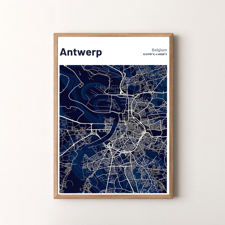 A modern navy blue city map poster depicting the cartography and geographic layout of Antwerp, Belgium, in crisp vector detail. Offered by MapYourDreams, this artwork is available in flexible options including unframed paper, custom wooden frames, and gallery canvas wraps.