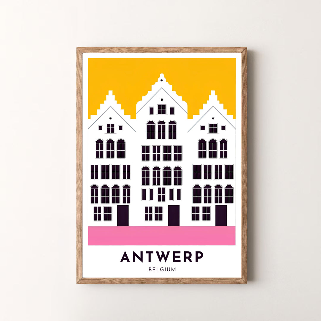 A modern color-blocked art poster depicting the Flemish architecture of Antwerp, Belgium, in bright pop art styling. Offered by MapYourDreams, this artwork is available in flexible options including unframed paper, custom wooden frames, and gallery canvas wraps.
