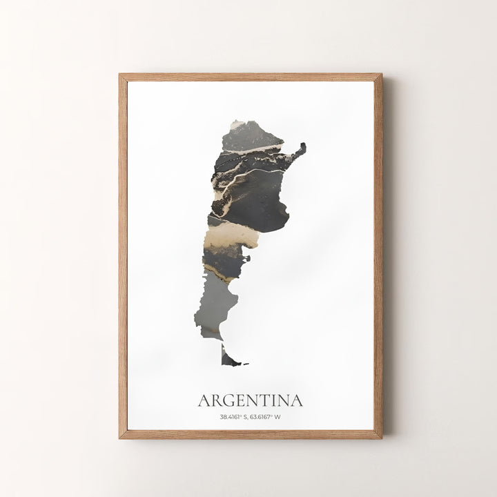 Artistic Argentina poster print showcasing abstract geographical art with gold foil effects and dark marble contrast. Designed by MapYourDreams to suit modern interiors, this art piece comes in versatile choices like unframed paper, solid wood frames, and gallery canvas formats.