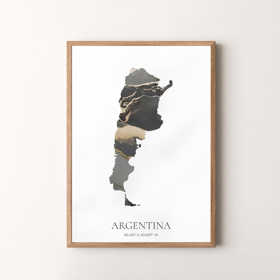 Artistic Argentina poster print showcasing abstract geographical art with gold foil effects and dark marble contrast. Designed by MapYourDreams to suit modern interiors, this art piece comes in versatile choices like unframed paper, solid wood frames, and gallery canvas formats.