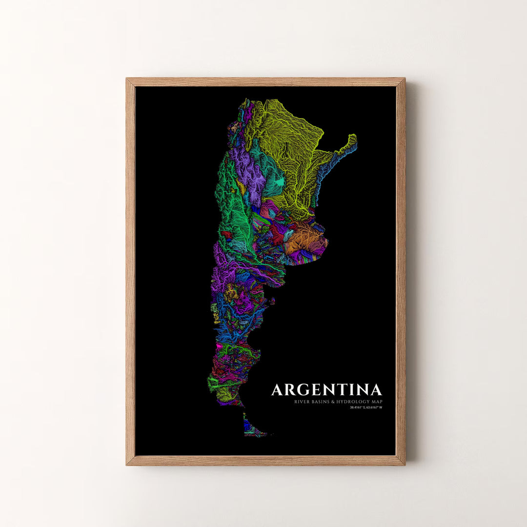 Abstract Argentina river hydrology map print featuring multi-colored stream tributaries on dark backing for living room decor. Available in the MapYourDreams studio, this geographic print is offered as unframed archival paper, framed wall art, or gallery canvas wraps.
