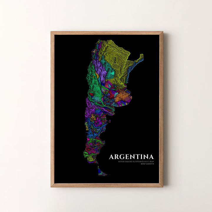Abstract Argentina river hydrology map print featuring multi-colored stream tributaries on dark backing for living room decor. Available in the MapYourDreams studio, this geographic print is offered as unframed archival paper, framed wall art, or gallery canvas wraps.