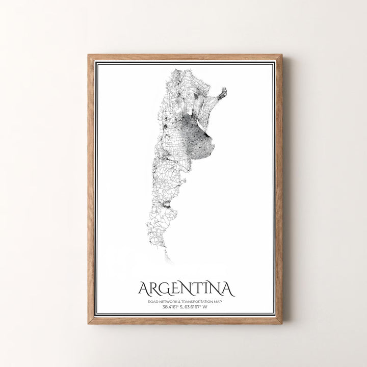 Minimalist black and white Argentina transportation map design with precise coordinates text set against a bright white background. Available in the MapYourDreams studio, this geographic print is offered as unframed archival paper, framed wall art, or gallery canvas wraps.