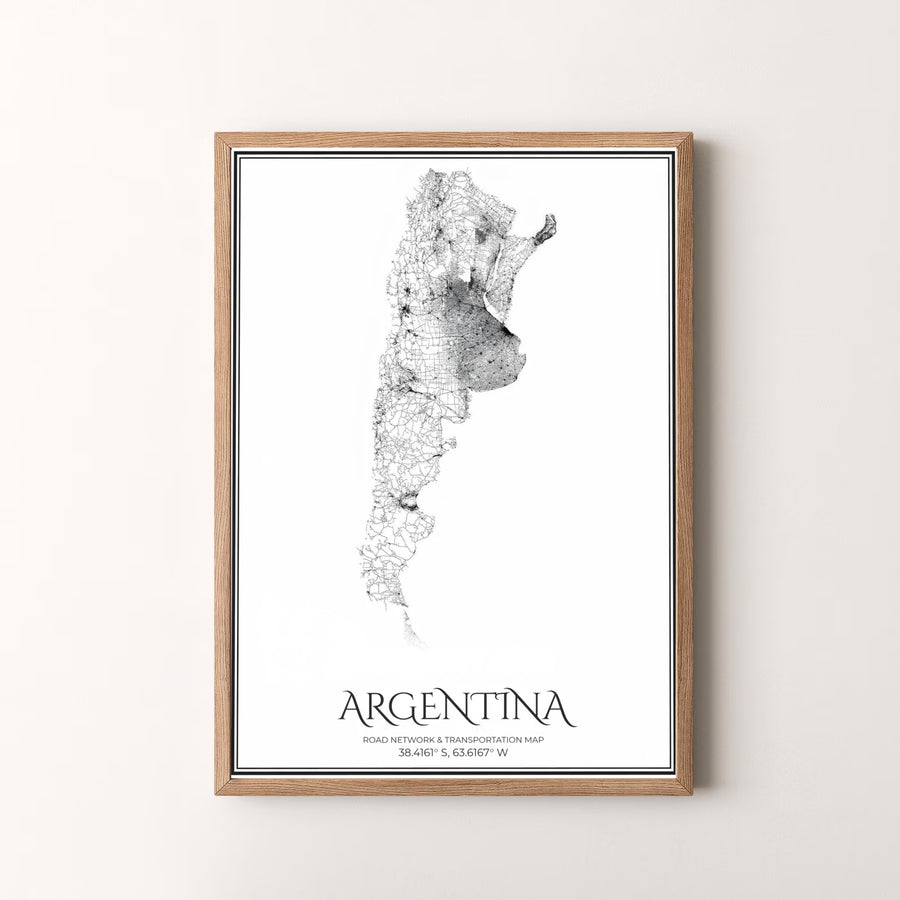 Minimalist black and white Argentina transportation map design with precise coordinates text set against a bright white background. Available in the MapYourDreams studio, this geographic print is offered as unframed archival paper, framed wall art, or gallery canvas wraps.