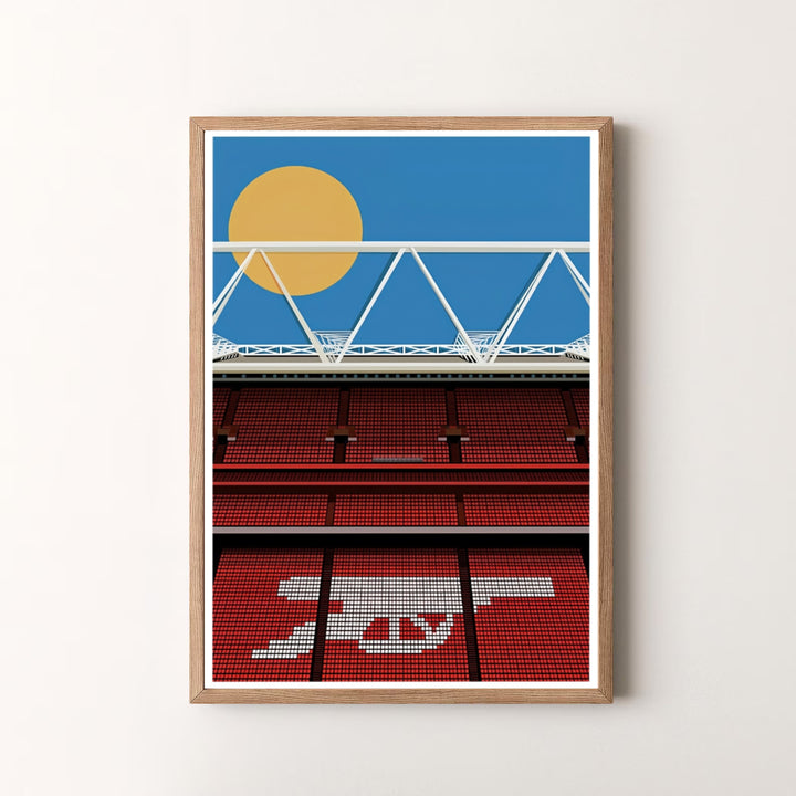 High-definition vector graphic print of Emirates Stadium featuring its red spectator seats, white cannon seating design, and roof trusses. Offered by MapYourDreams, this piece comes in flexible options including unframed paper formats, solid wood frames, and stretched canvas art.