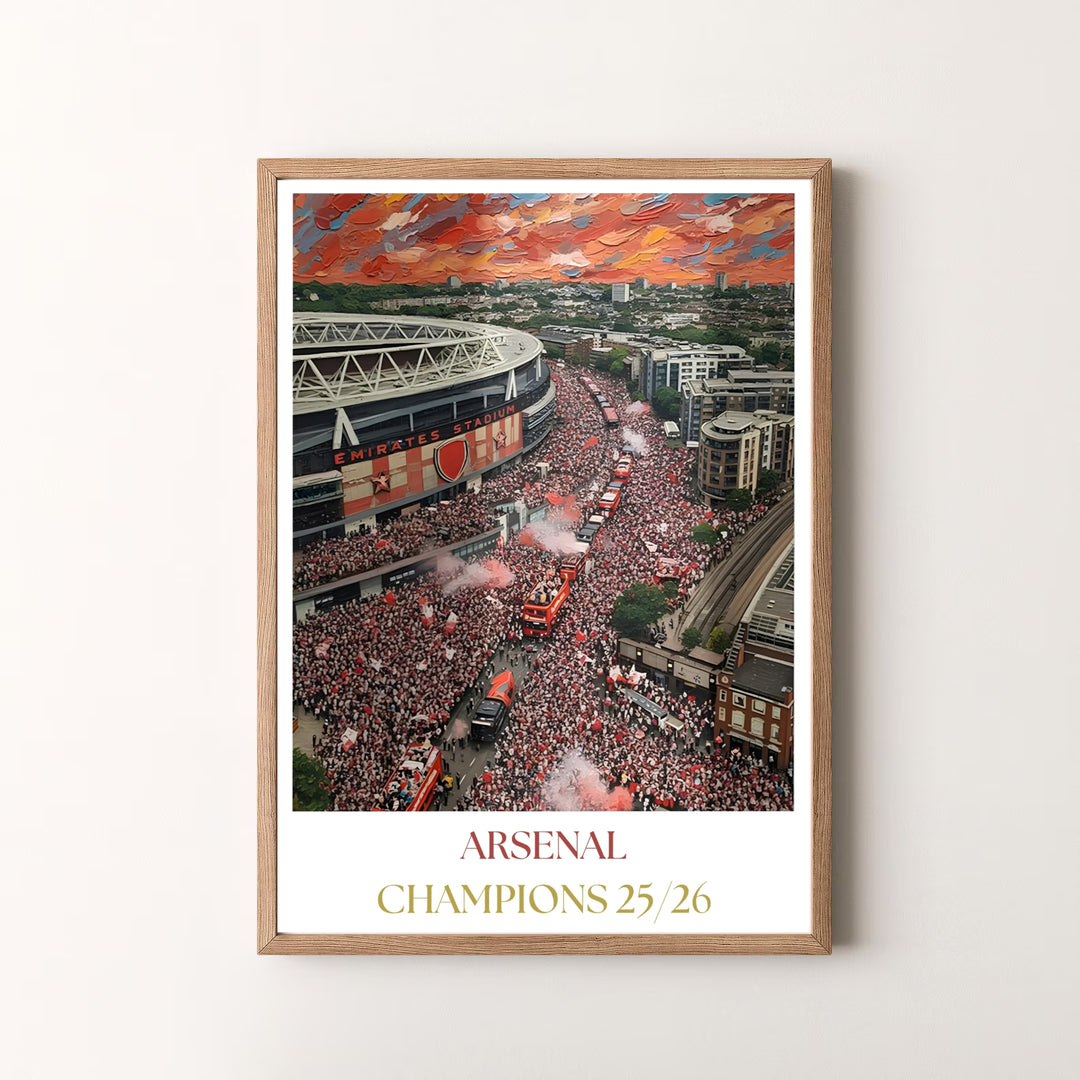 Premium impressionist style Arsenal victory parade art print poster with Emirates Stadium background imagery, available as unframed prints, framed wall art, or canvas decor for contemporary room styling.