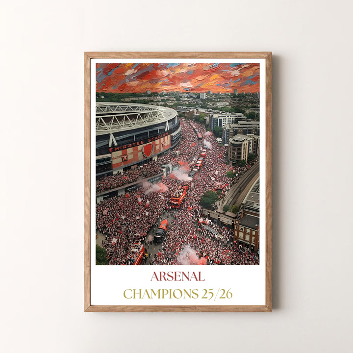 Premium impressionist style Arsenal victory parade art print poster with Emirates Stadium background imagery, available as unframed prints, framed wall art, or canvas decor for contemporary room styling.