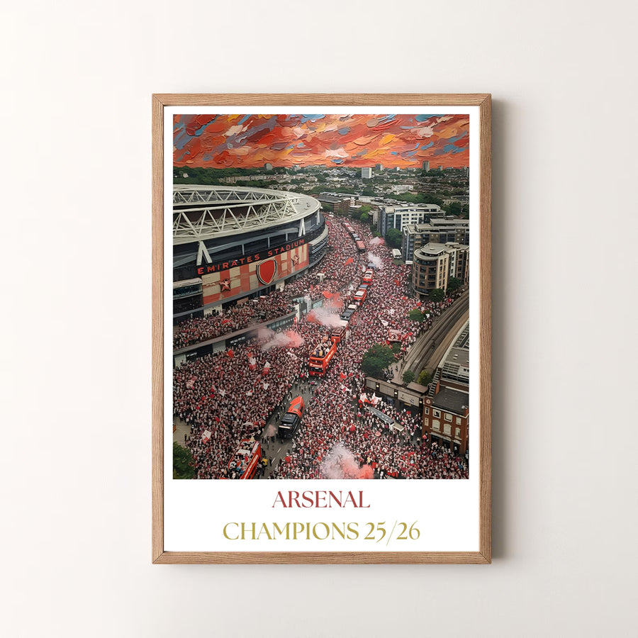 Premium impressionist style Arsenal victory parade art print poster with Emirates Stadium background imagery, available as unframed prints, framed wall art, or canvas decor for contemporary room styling.