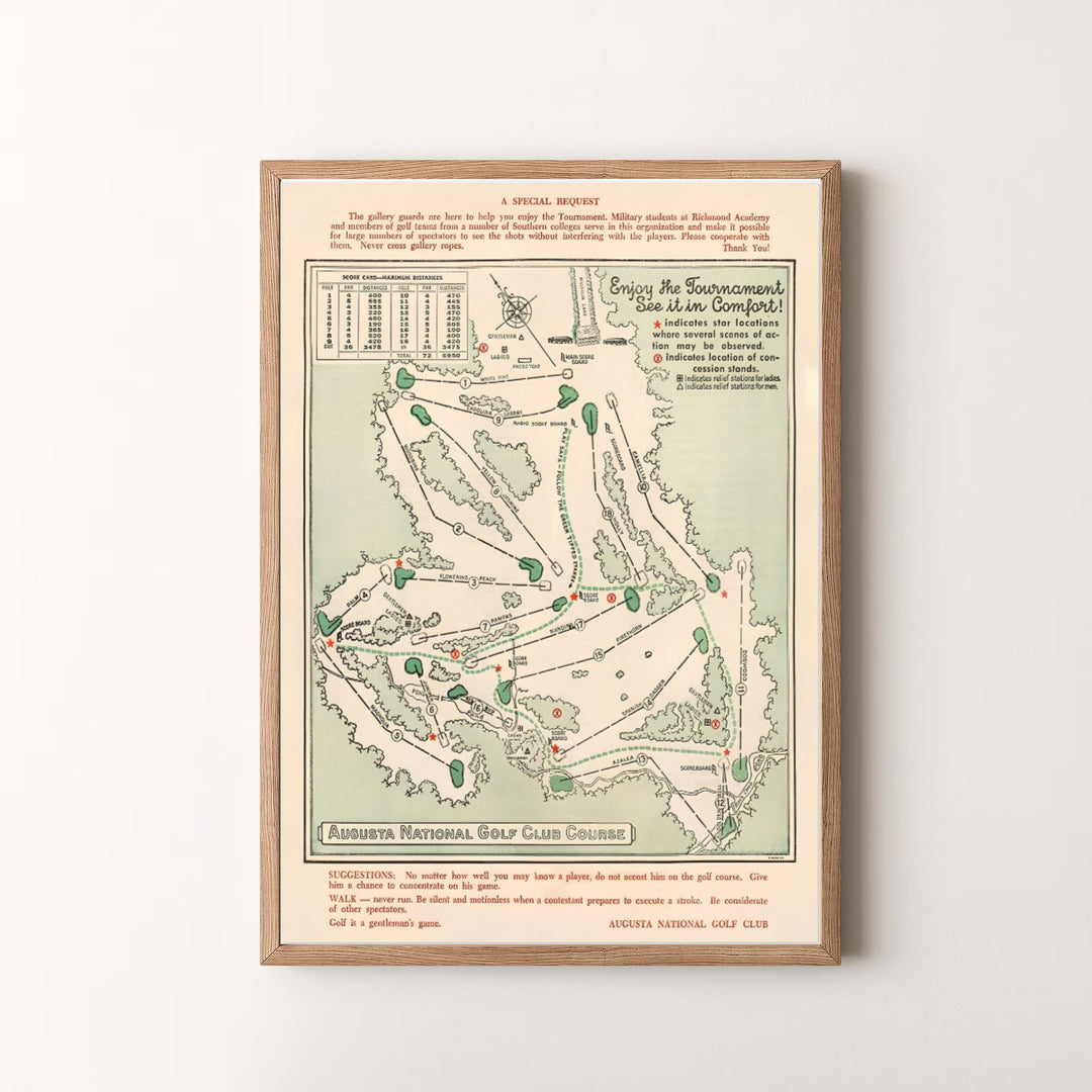 Decorative Augusta Georgia 1954 golf layout art poster displaying historical tournament instructions and hole diagrams. Offered by MapYourDreams, this artwork is available in flexible options including unframed paper, custom wooden frames, and gallery canvas wraps for tailored home wall decor setups.