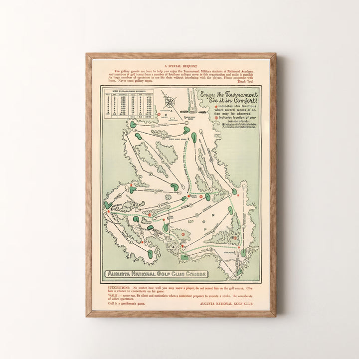 Decorative Augusta Georgia 1954 golf layout art poster displaying historical tournament instructions and hole diagrams. Offered by MapYourDreams, this artwork is available in flexible options including unframed paper, custom wooden frames, and gallery canvas wraps for tailored home wall decor setups.