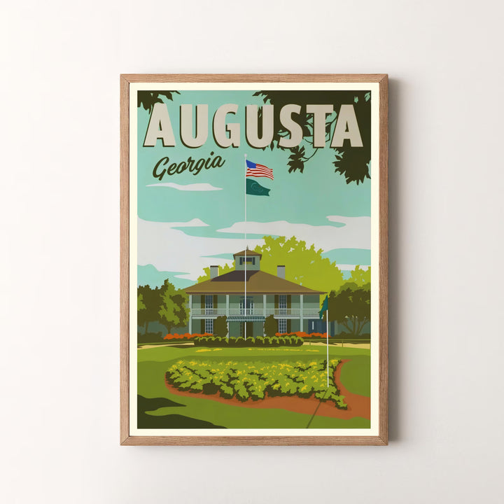 Captivating Augusta Georgia sports art print showing the landmark clubhouse veranda and iconic American flag. Offered by MapYourDreams, this artwork is available in flexible options including unframed paper, custom wooden frames, and gallery canvas wraps for tailored home wall decor setups.