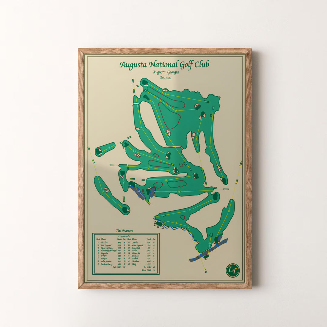 Captivating Augusta Georgia golf map art print showcasing fairway routing lines, scorecard distances, and water hazards. Offered by MapYourDreams, this artwork is available in flexible options including unframed paper, custom wooden frames, and gallery canvas wraps for tailored home wall decor setups.