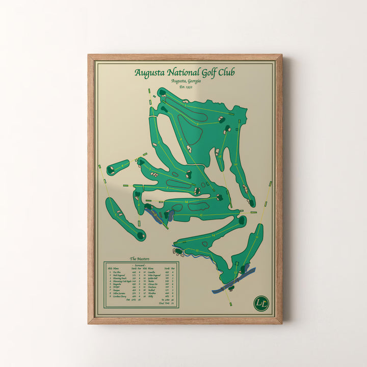 Captivating Augusta Georgia golf map art print showcasing fairway routing lines, scorecard distances, and water hazards. Offered by MapYourDreams, this artwork is available in flexible options including unframed paper, custom wooden frames, and gallery canvas wraps for tailored home wall decor setups.