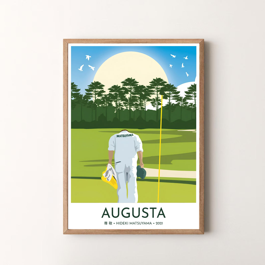 Inspiring golf wall decor poster capturing the respectful caddie bow at Augusta Georgia after Hideki Matsuyama&