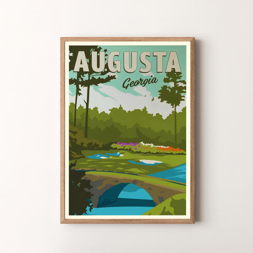 Inspiring golf wall decor poster capturing the peaceful, legendary atmosphere of Hogan Bridge and Hole 12 Golden Bell at Augusta Georgia. Offered by MapYourDreams, this artwork is available in flexible options including unframed paper, custom wooden frames, and gallery canvas wraps for tailored home wall decor setups.