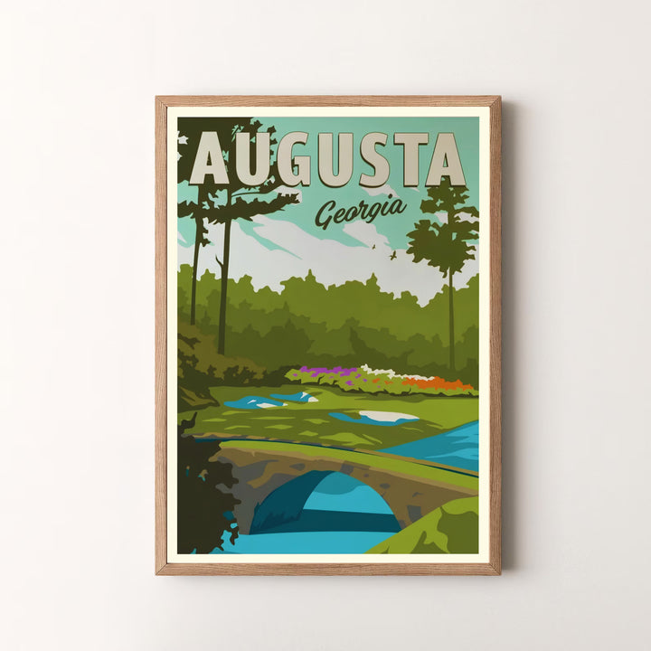 Inspiring golf wall decor poster capturing the peaceful, legendary atmosphere of Hogan Bridge and Hole 12 Golden Bell at Augusta Georgia. Offered by MapYourDreams, this artwork is available in flexible options including unframed paper, custom wooden frames, and gallery canvas wraps for tailored home wall decor setups.