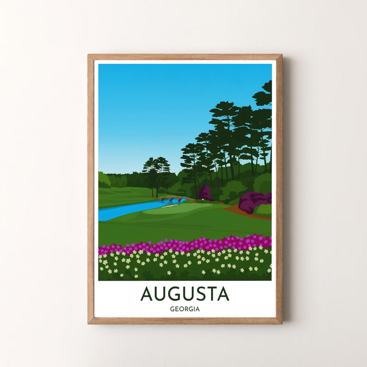 Inspiring vector golf wall decor poster capturing the clean, modern beauty of Amen Corner Golden Bell at Augusta Georgia. Offered by MapYourDreams, this artwork is available in flexible options including unframed paper, custom wooden frames, and gallery canvas wraps for tailored home wall decor setups.