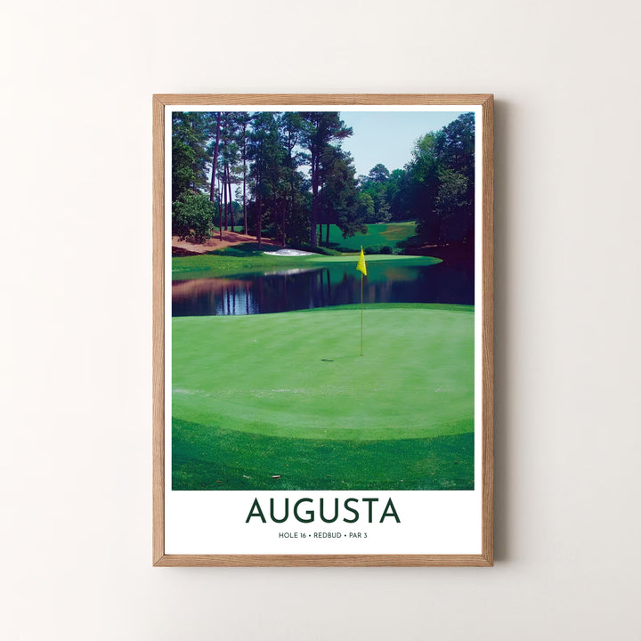 Inspiring golf wall decor photo poster capturing the peaceful, famous atmosphere of Hole 16 Redbud at Augusta Georgia. Offered by MapYourDreams, this artwork is available in flexible options including unframed paper, custom wooden frames, and gallery canvas wraps for tailored home wall decor setups.