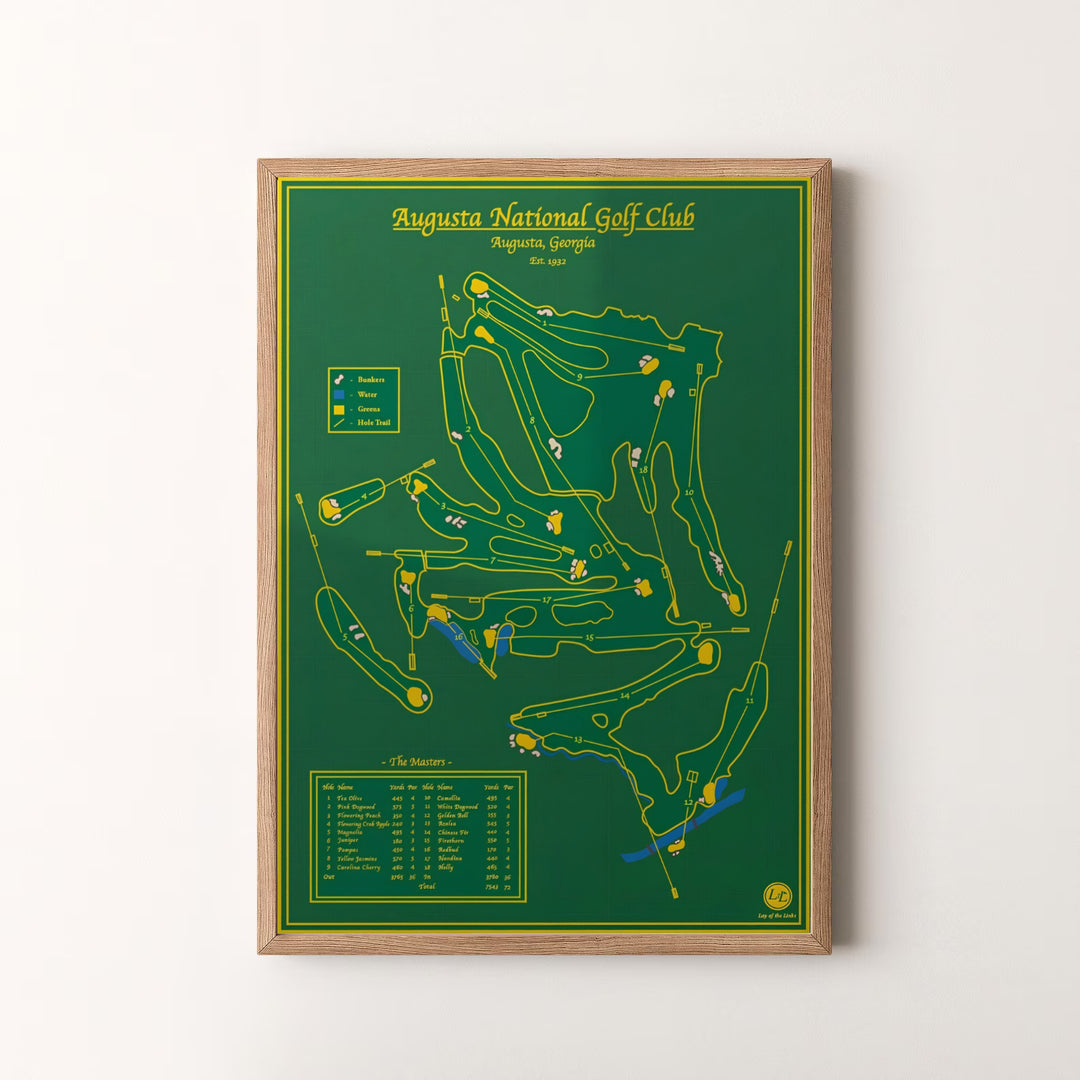 Inspiring golf wall decor map poster capturing the legendary history and layout architecture of Augusta Georgia in gold and deep forest green. Offered by MapYourDreams, this artwork is available in flexible options including unframed paper, custom wooden frames, and gallery canvas wraps for tailored home wall decor setups.
