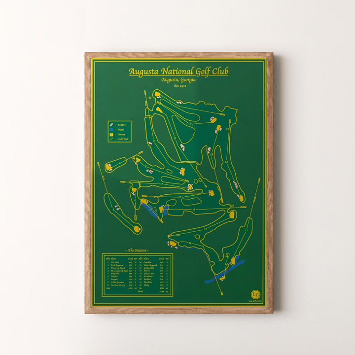 Inspiring golf wall decor map poster capturing the legendary history and layout architecture of Augusta Georgia in gold and deep forest green. Offered by MapYourDreams, this artwork is available in flexible options including unframed paper, custom wooden frames, and gallery canvas wraps for tailored home wall decor setups.