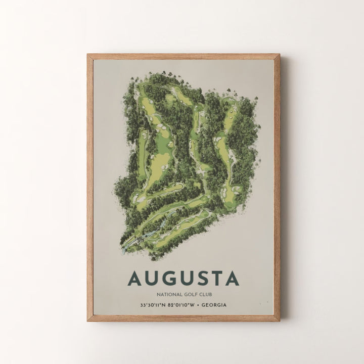 Inspiring golf art print capturing the quiet majesty and exact location coordinates of Augusta Georgia in a understated green and cream composition. Offered by MapYourDreams, this artwork is available in flexible options including unframed paper, custom wooden frames, and gallery canvas wraps for tailored home wall decor setups.