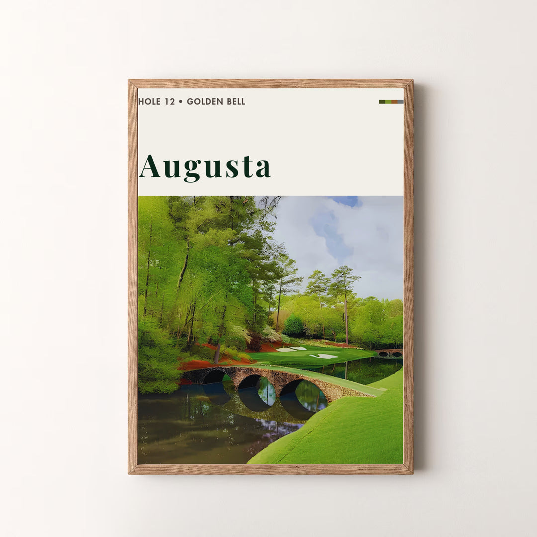 Inspiring golf wall decor photo poster capturing the peaceful, legendary atmosphere of Hole 12 Golden Bell at Amen Corner in Augusta Georgia. Offered by MapYourDreams, this artwork is available in flexible options including unframed paper, custom wooden frames, and gallery canvas wraps for tailored home wall decor setups.