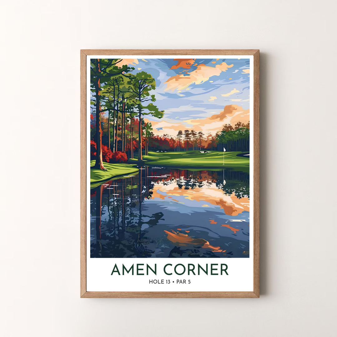 Artistic golf wall decor photo print capturing the quiet evening magic of Hole 13 Azalea at Amen Corner in Augusta Georgia. Offered by MapYourDreams, this artwork is available in flexible options including unframed paper, custom wooden frames, and gallery canvas wraps for tailored home wall decor setups.