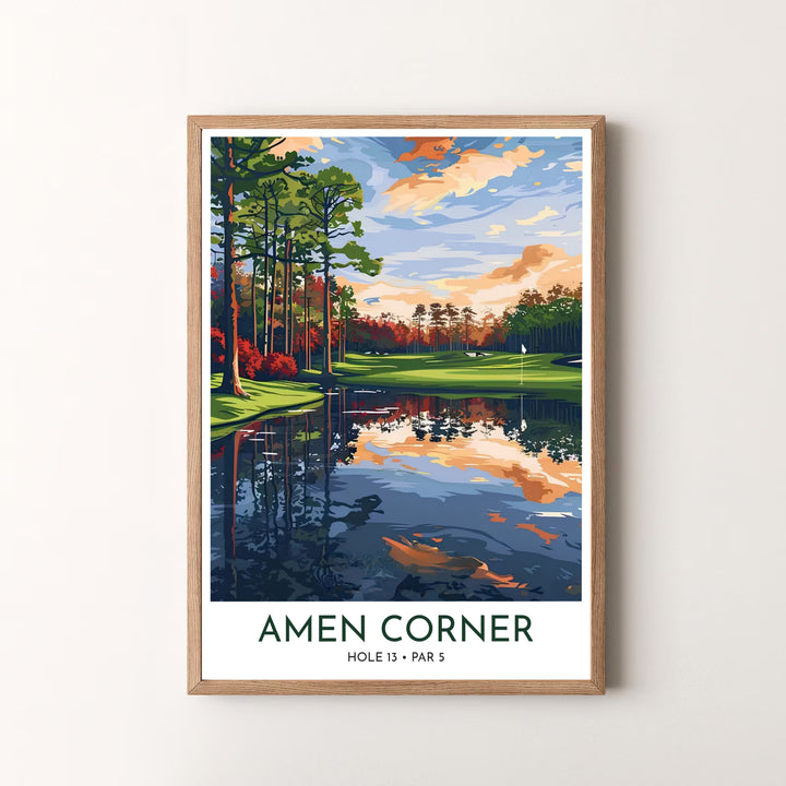 Artistic golf wall decor photo print capturing the quiet evening magic of Hole 13 Azalea at Amen Corner in Augusta Georgia. Offered by MapYourDreams, this artwork is available in flexible options including unframed paper, custom wooden frames, and gallery canvas wraps for tailored home wall decor setups.