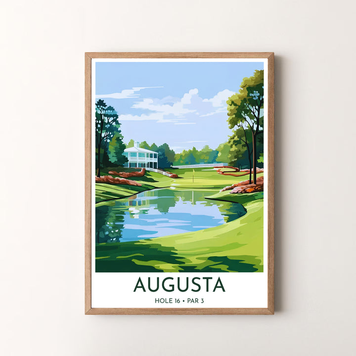 Inspiring golf wall decor photo print capturing the unforgettable championship atmosphere of Hole 16 Redbud at Augusta Georgia. Offered by MapYourDreams, this artwork is available in flexible options including unframed paper, custom wooden frames, and gallery canvas wraps for tailored home wall decor setups.