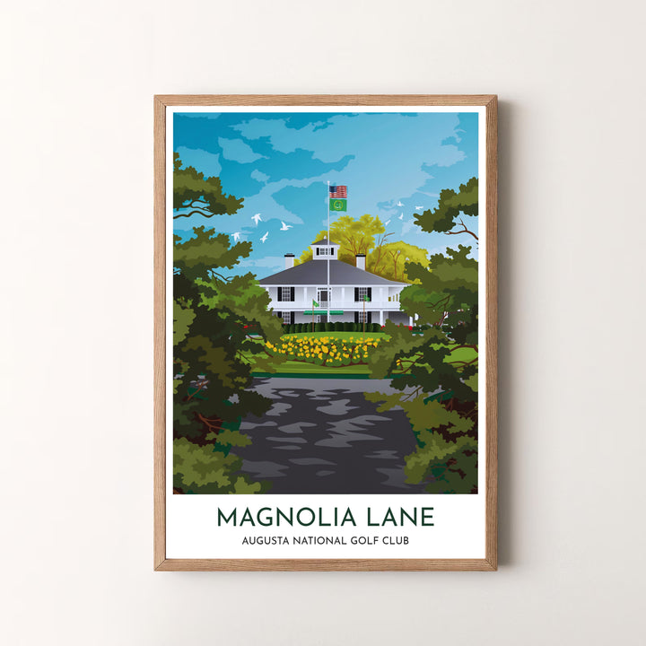 Inspiring golf wall decor photo print capturing the prestige and historic charm of driving down Magnolia Lane in Augusta Georgia. Offered by MapYourDreams, this artwork is available in flexible options including unframed paper, custom wooden frames, and gallery canvas wraps for tailored home wall decor setups.