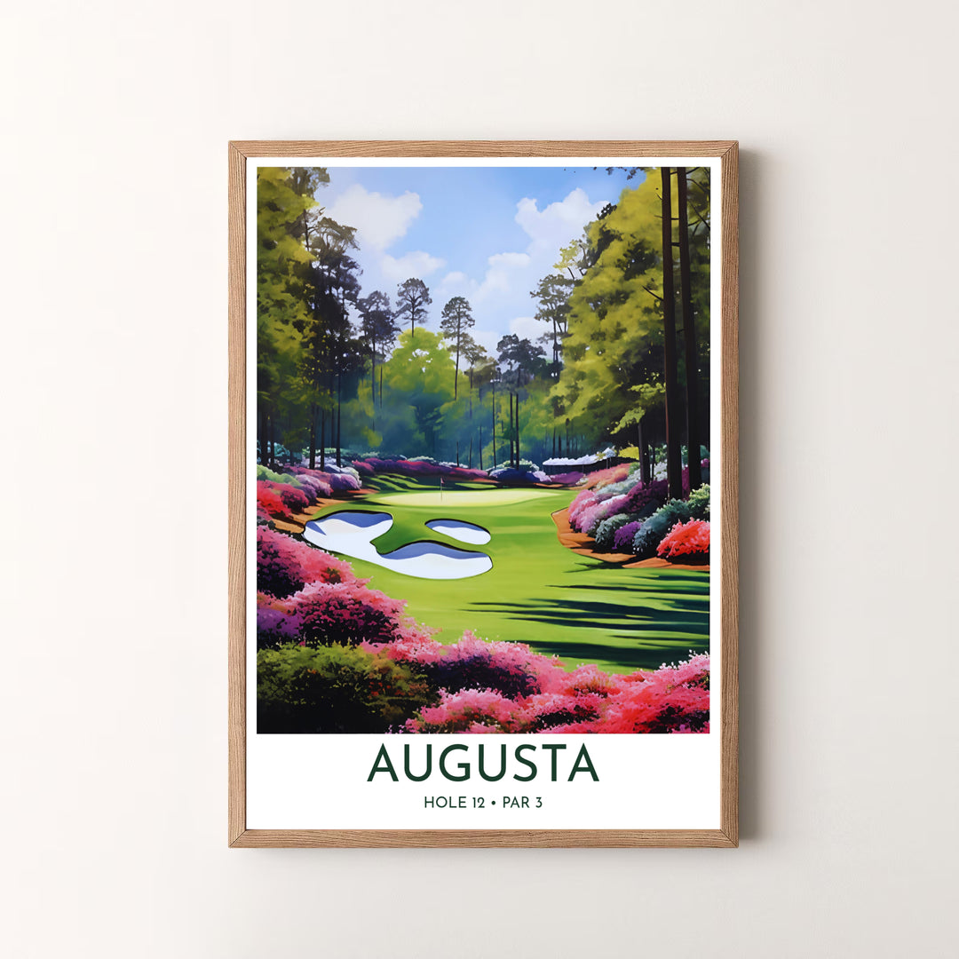 Inspiring golf wall decor photo print capturing the quiet majesty and floral elegance of Hole 12 Golden Bell at Augusta Georgia. Offered by MapYourDreams, this artwork is available in flexible options including unframed paper, custom wooden frames, and gallery canvas wraps for tailored home wall decor setups.