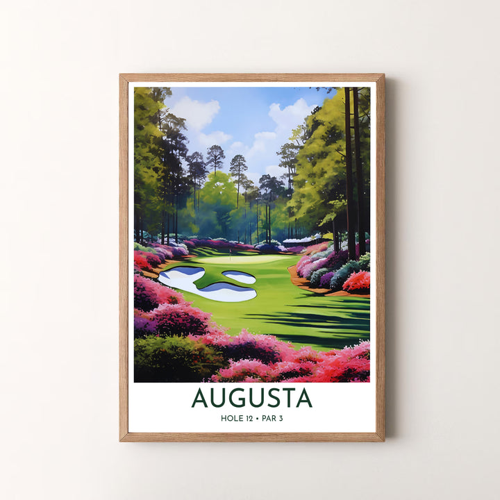 Inspiring golf wall decor photo print capturing the quiet majesty and floral elegance of Hole 12 Golden Bell at Augusta Georgia. Offered by MapYourDreams, this artwork is available in flexible options including unframed paper, custom wooden frames, and gallery canvas wraps for tailored home wall decor setups.