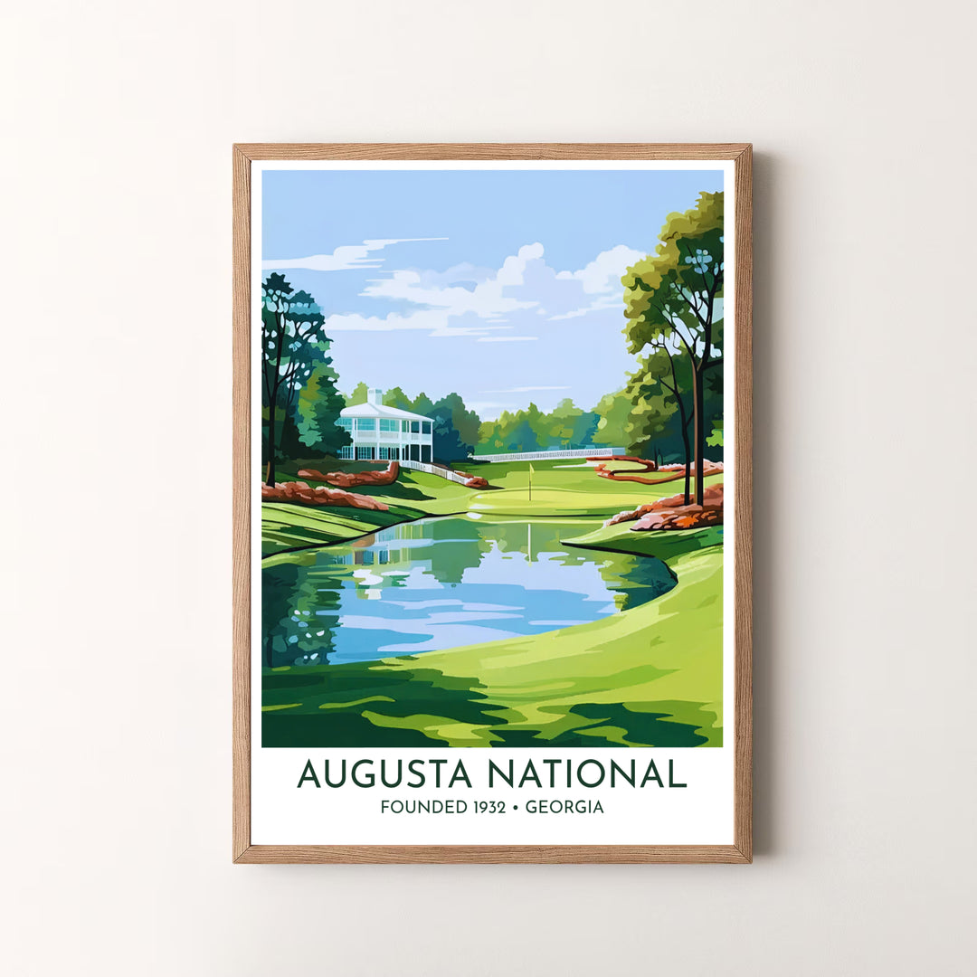 Sophisticated golf wall art print of Augusta National Golf Club featuring the famous white building, yellow flagstick, and tranquil water hazard. Offered by MapYourDreams, this artwork is available in flexible options including unframed paper, custom wooden frames, and gallery canvas wraps.
