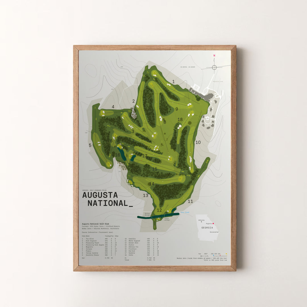 Minimalist fine art course layout poster of Augusta National Golf Club depicting fairways, hazards, green complexes, and detailed hole statistics. Offered by MapYourDreams, this artwork is available in flexible options including unframed paper, custom wooden frames, and gallery canvas wraps.