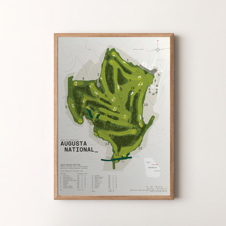 Minimalist fine art course layout poster of Augusta National Golf Club depicting fairways, hazards, green complexes, and detailed hole statistics. Offered by MapYourDreams, this artwork is available in flexible options including unframed paper, custom wooden frames, and gallery canvas wraps.
