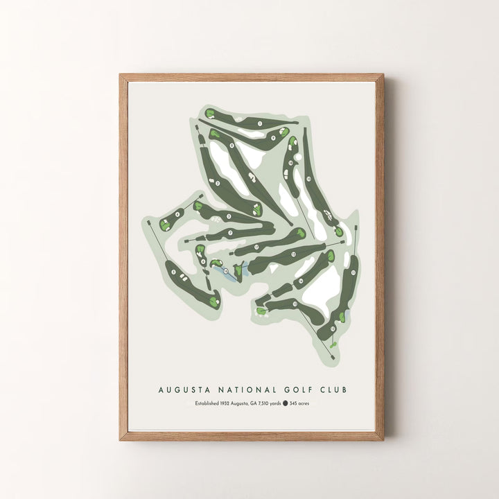 Elegant golf course layout print showing the 18-hole arrangement at Augusta National with clean typography reading Augusta, GA 7,510 yards 345 acres. Offered by MapYourDreams, this artwork is available in flexible options including unframed paper, custom wooden frames, and gallery canvas wraps.
