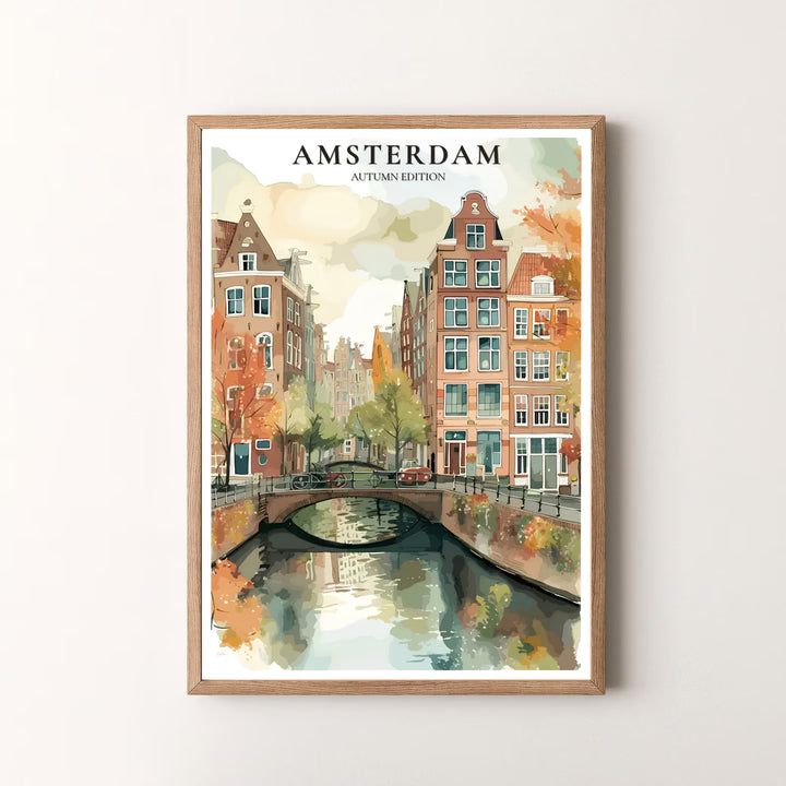 Cozy seasonal watercolor art piece detailing autumn foliage, gabled canal houses, and bridge reflections in Amsterdam Netherlands, available at MapYourDreams as an unframed print, a stretched canvas, or custom framing options to complement statement wall setups.