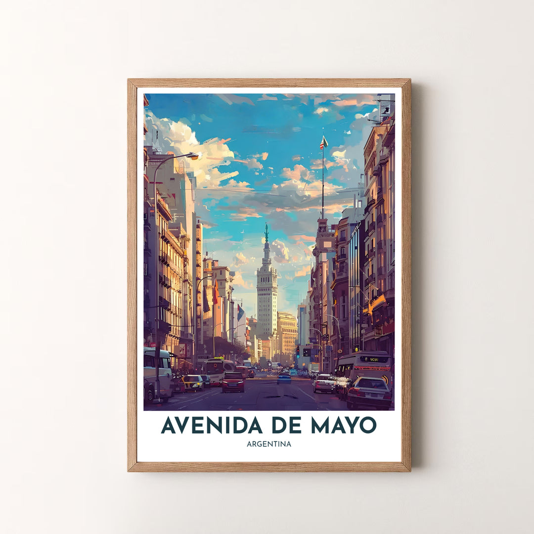 Minimalist bordered travel poster of Avenida de Mayo in Buenos Aires with elegant text and impressionistic architectural painting. Available through MapYourDreams, this design comes in flexible presentation styles including fine art paper, solid wood frames, and canvas.