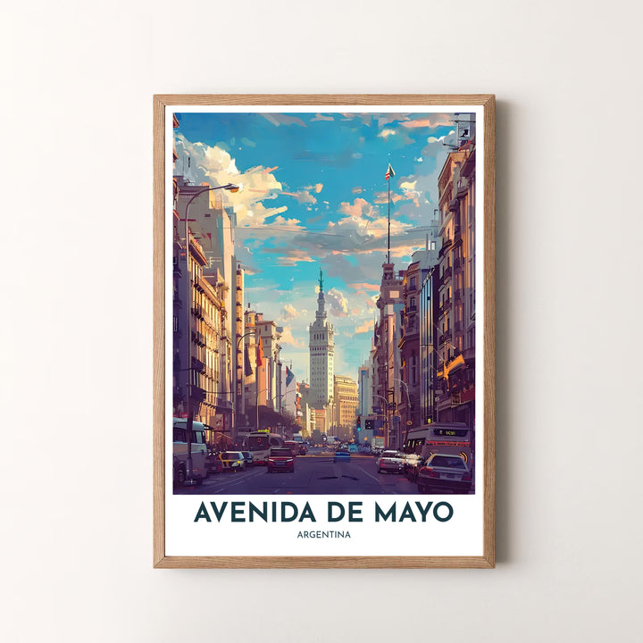 Minimalist bordered travel poster of Avenida de Mayo in Buenos Aires with elegant text and impressionistic architectural painting. Available through MapYourDreams, this design comes in flexible presentation styles including fine art paper, solid wood frames, and canvas.