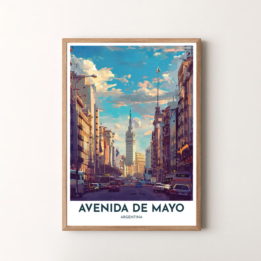 Minimalist bordered travel poster of Avenida de Mayo in Buenos Aires with elegant text and impressionistic architectural painting. Available through MapYourDreams, this design comes in flexible presentation styles including fine art paper, solid wood frames, and canvas.