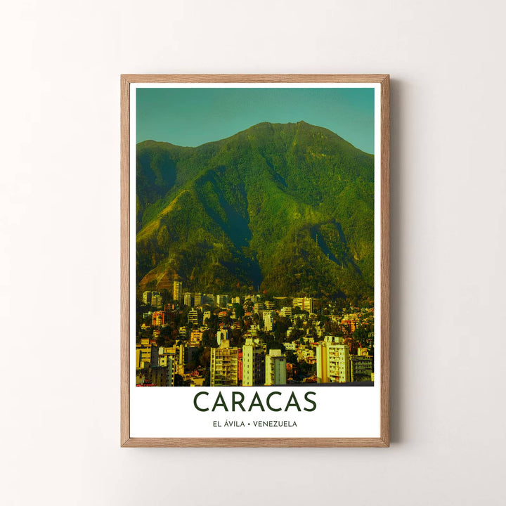 Modern cityscape travel artwork featuring a breathtaking view of Caracas buildings nestled against El Ávila National Park. Available in the MapYourDreams studio, this geographic print is offered as unframed archival paper, framed wall art, or gallery canvas wraps.